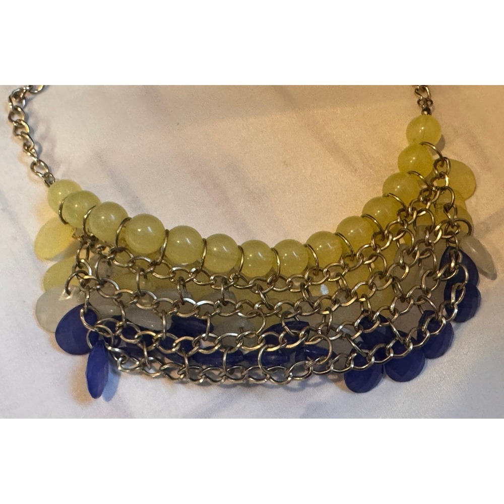Yellow White Navy Beaded Bib Statement Necklace Gold Tone Tiered Fringe - Picture 3 of 4